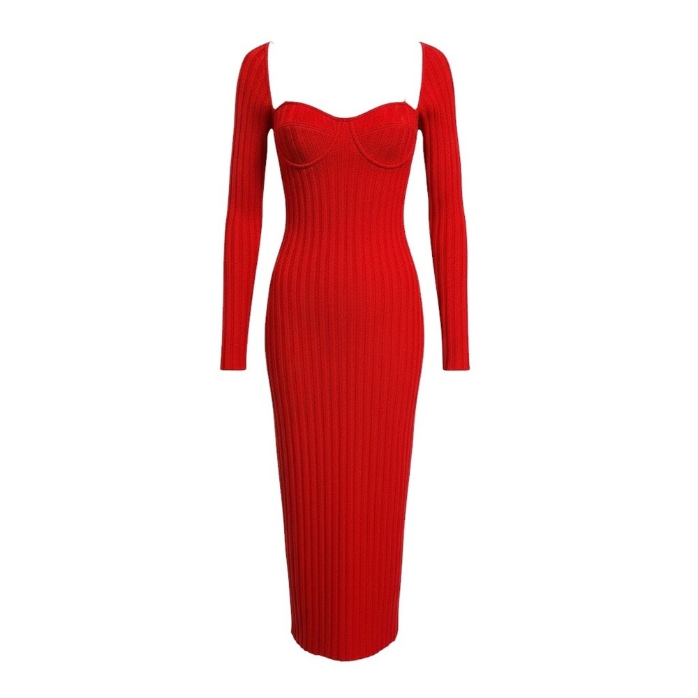 LaQuan Smith red Wool‎ Cashmere Ribbed Bustier Midi Dress bodycon fitted  S